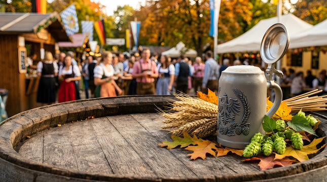 Beer Stein On Oak Barrel Setting Atmospheric Setup