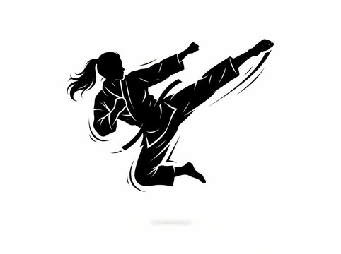 A dynamic black silhouette of a female martial artist performing a powerful jumping side kick.