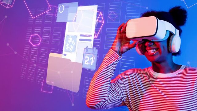 Young woman enjoying virtual reality experience with headset and headphones, exploring digital world and technology interface, vibrant blue and pink background. Entropy.