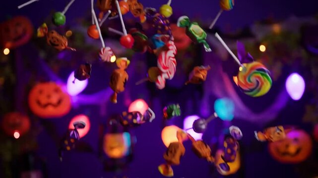 Colorful Halloween candies raining down against dark purple night sky, Halloween 2026