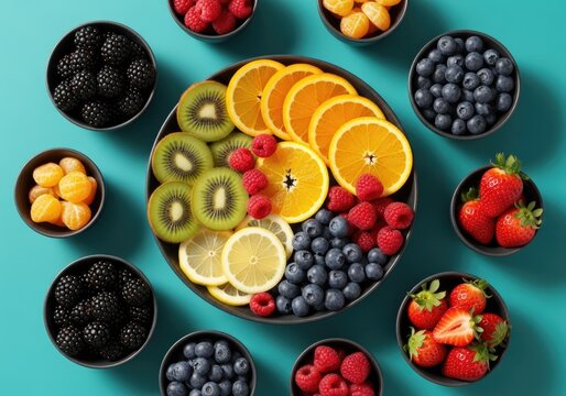 Vibrant Assortment of Fresh Fruits and Berries Displayed Artfully.
