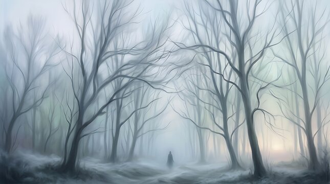 Foggy forest landscape with a mysterious figure walking through eerie winter trees