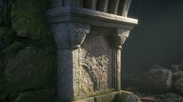 jamb. Ancient stone archway jamb with carved textures in sunlight. real-estate listings, architecture portfolios, designed for real-estate listing and luxury residence showcases.