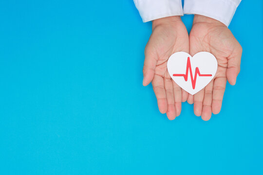Doctor hand holding paper heart shape with pulse line offers caring cardiac health awareness support over blue background