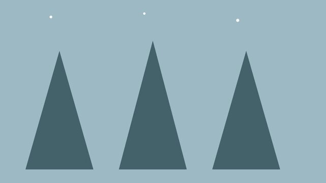 Three dark teal pine trees with tiny white snow dots above on a gray blue background, minimalist winter forest animation