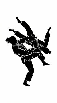Black and white silhouette of two judo athletes performing a dynamic throwing technique.