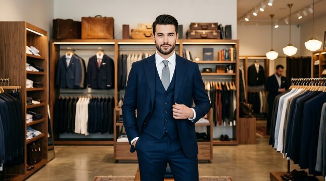 Professional bearded man wearing navy blue suit vest and tie inside high end clothing boutique store
