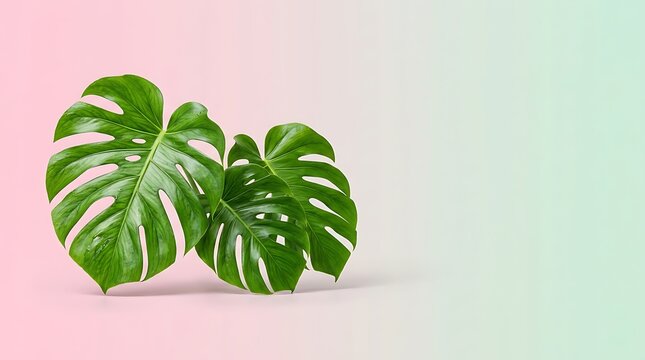 Vibrant monstera deliciosa leaves displayed artistically against a soft pastel gradient background for decorative creative projects