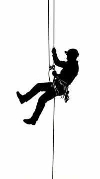 Silhouette of a professional industrial rope access technician working at height.