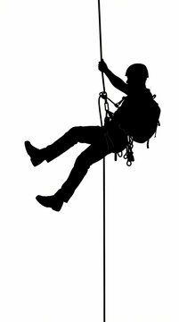A silhouette of a professional climber rappelling down a vertical rope.