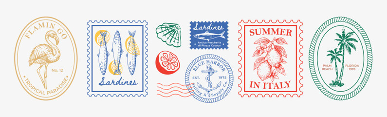 Fototapeta premium Vintage coastal postage stamp collection featuring flamingo, sardines, citrus, seashell, anchor and palm tree designs inspired by tropical travel and seaside culture.
