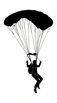 A black silhouette of a skydiver descending with an open parachute.