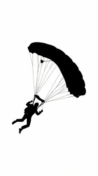 A black silhouette of a skydiver descending with an open parachute against a white background.