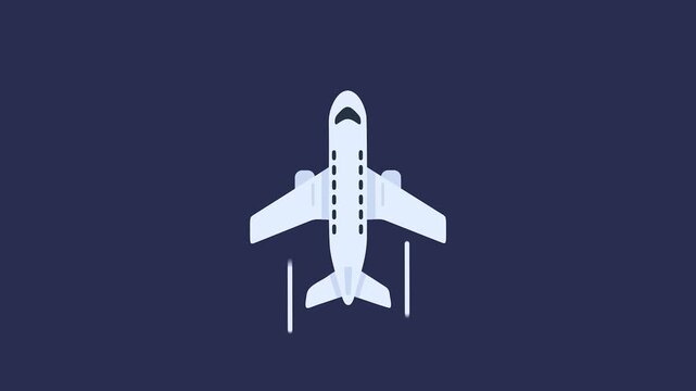 Minimalist flat design illustration of a white airplane soaring upwards in a dark blue sky, representing travel and departure.