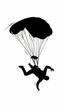 A black silhouette of a skydiver descending with an open parachute.