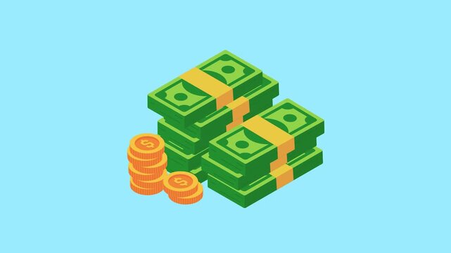 Green dollar bill stacks and golden coins in isometric view on blue, representing finance, wealth, and business growth.