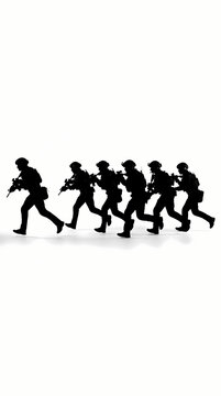 A silhouette of a squad of soldiers running in a tactical formation.