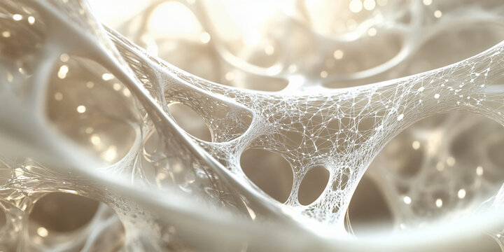 Collagen matrix structure glowing with warm light to illustrate microscopic biological tissue.