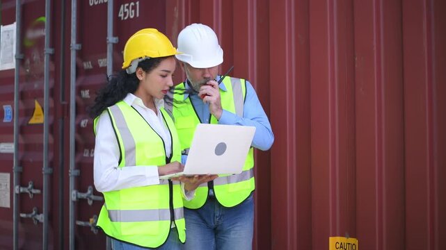 Engineers wearing safety helmets and high visibility clothing discussing logistics and inspecting shipping terminal representing container management freight.