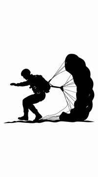A black silhouette of a paratrooper landing on the ground with an open parachute.