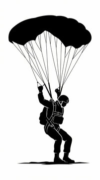 A black silhouette illustration of a paratrooper descending with an open parachute.