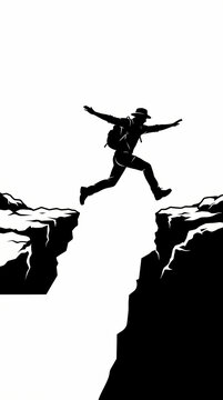 A silhouette of a hiker leaping across a deep chasm between two rocky cliffs.
