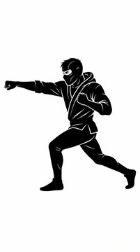 Black and white silhouette of a martial artist performing a powerful punch.