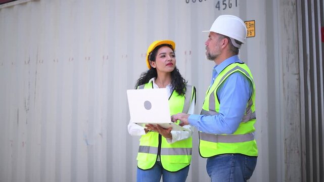 Engineers wearing safety helmets and high visibility clothing discussing logistics and inspecting shipping terminal representing container management freight.