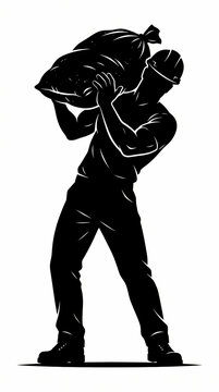 A black silhouette illustration of a construction worker carrying a heavy sack.