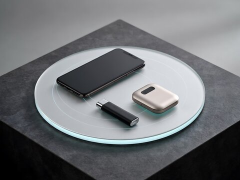 Smartphone, portable power bank, and usb flash drive on a glowing circular glass charging pad set on a dark textured stone surface