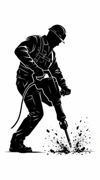 Silhouette of a construction worker operating a heavy jackhammer on a job site.