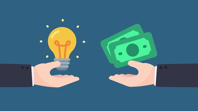 Hands exchanging a glowing light bulb for banknotes, symbolizing idea monetization or investment