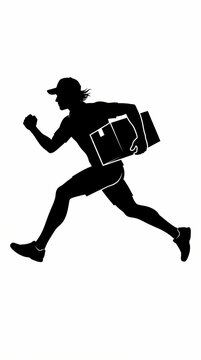 Silhouette of a delivery person running with a package.