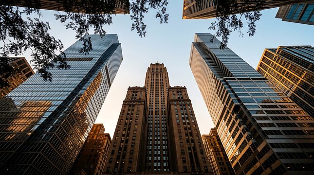 Modern skyscrapers reach towards clear blue skies captured from a low angle perspective during golden hour