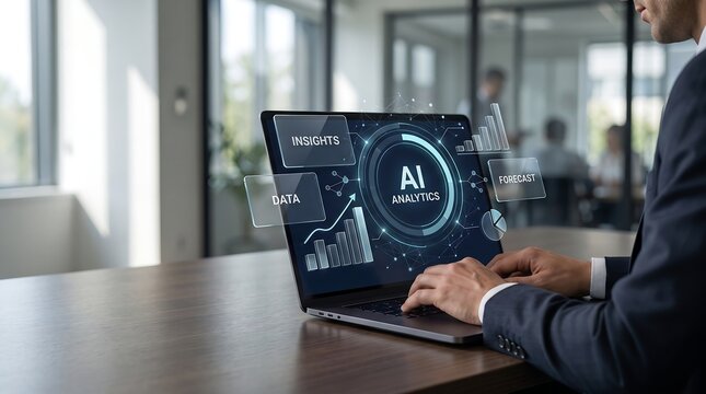 Man using laptop with artificial intelligence analytics display and data insights visualization