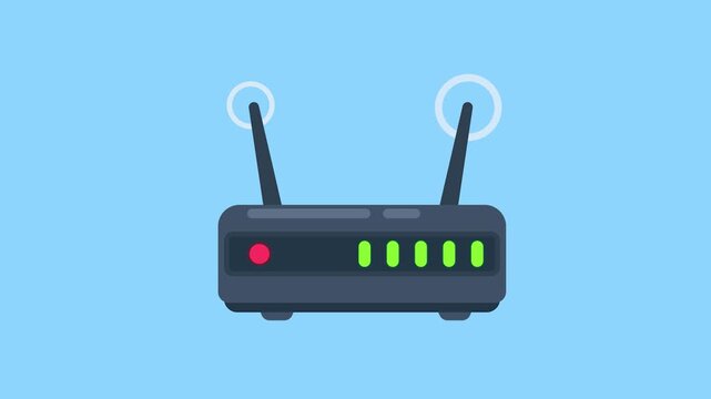 Modern flat design illustration of a dark gray WiFi router with antennas, indicating internet connectivity
