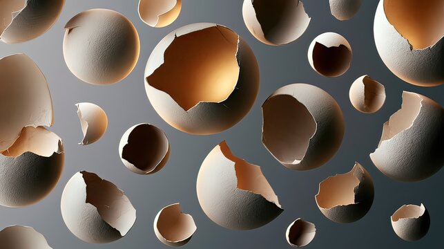 Abstract composition of broken eggshells with soft lighting creating a unique visual experience of fragility and transformation