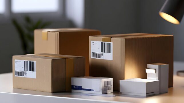 Several cardboard boxes with shipping labels arranged on a desk under warm lighting  suggesting logistics or delivery prepa n