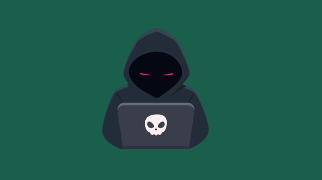 Enigmatic hooded hacker with glowing red eyes working on a laptop, symbolizing cybersecurity threats and anonymity.