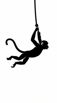 A black silhouette of a playful monkey hanging from a rope against a white background.