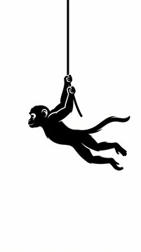 A minimalist black silhouette of a monkey swinging from a vertical rope.