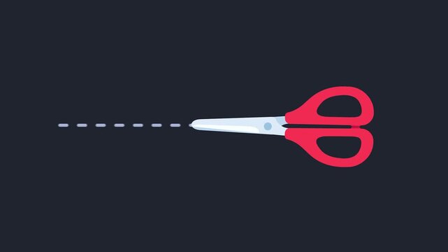Sharp red scissors actively cutting along a precise dotted line on a dark background, symbolizing separation or instruction.