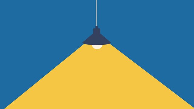 Minimalist flat design illustration of a ceiling lamp shedding bright yellow light onto a dark blue background, symbolizing ideas.