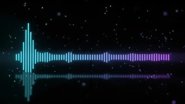 Abstract glowing audio equalizer sound wave bars pulsing on dark background, music spectrum visualizer