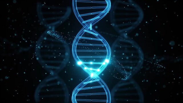 Glowing blue DNA double helix rotating on dark background, genetic science biotechnology molecule concept