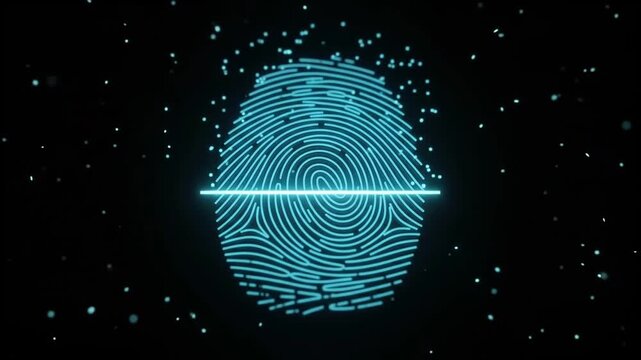 Glowing fingerprint biometric scan on dark background, digital identity security technology concept