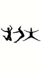 Fototapeta premium Three black silhouettes of people jumping in dynamic poses against a white background.