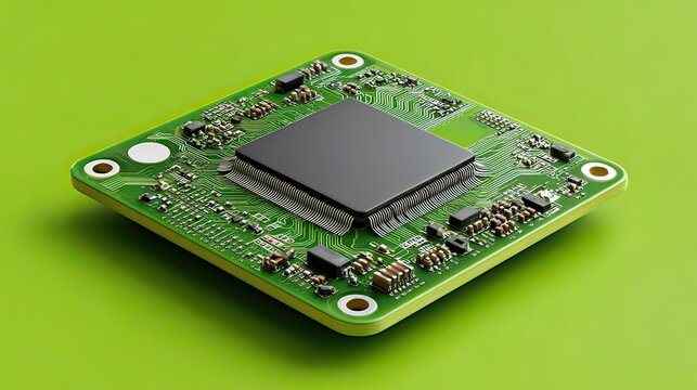 Microprocessor Circuit Board on Vibrant Green Background Highlighting Electronics and Technology Innovations