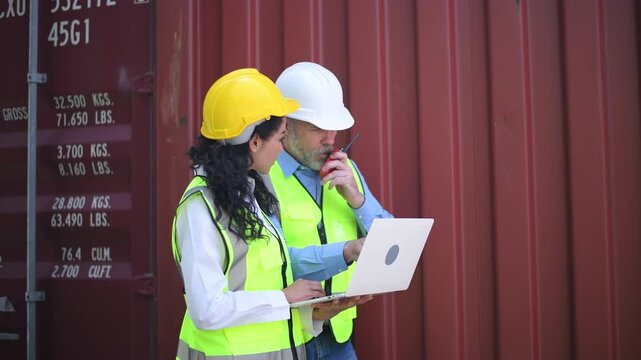 Engineers wearing safety helmets and high visibility clothing discussing logistics and inspecting shipping terminal representing container management freight.