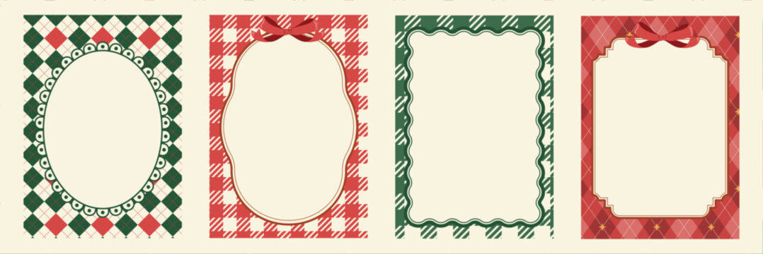 Collection of four vintage Christmas card templates featuring red and green plaid patterns, decorative frames, and blank copy space for holiday greetings, invitations, posters, and seasonal designs.. 